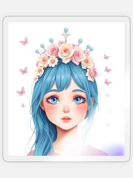 Blauhaar Mädchen mit Blumenkranz - Sticker Größe S (10 x 10 cm) - Transparent glänzend