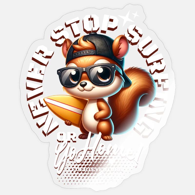 Écureuil surfeur avec planche de surf - Sticker taille S (10 x 10 cm) - brillant transparent