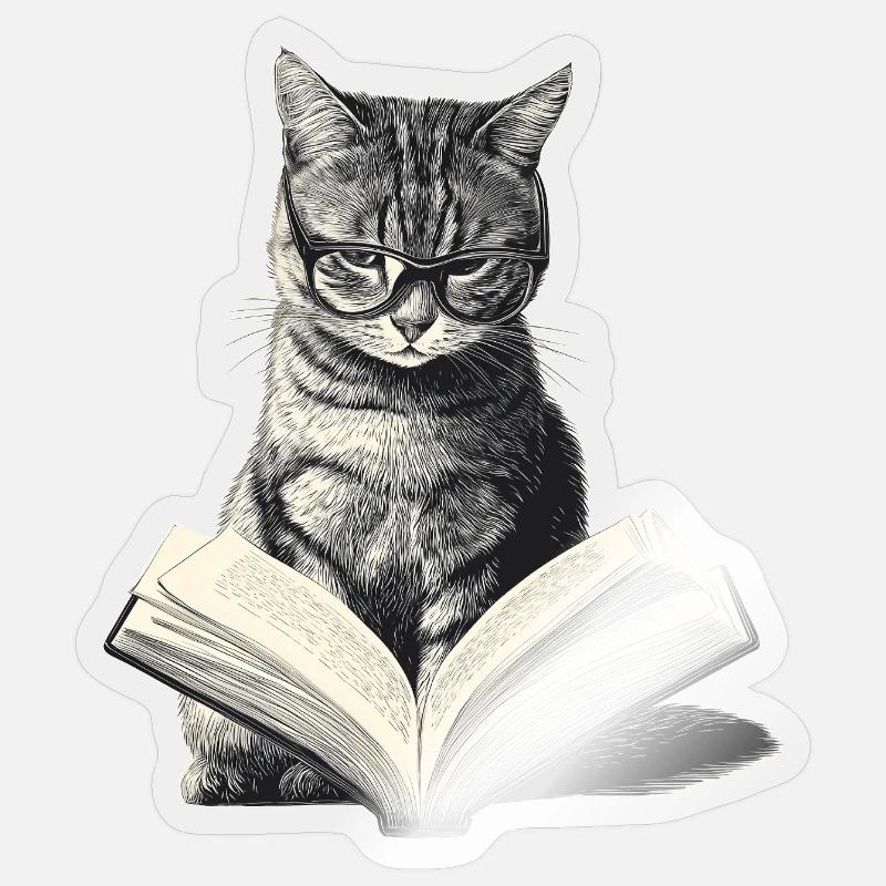 Cat reading book - Sticker size S (10 x 10 cm) - transparent glossy