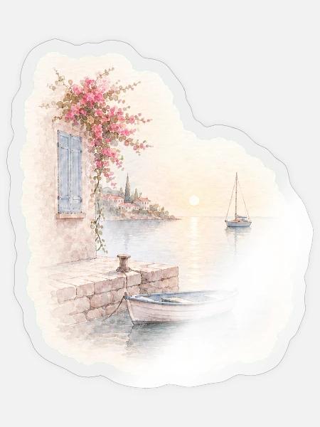 Hafenruhe – Kleines Boot im Morgenlicht - Sticker Größe S (10 x 10 cm) - Transparent glänzend