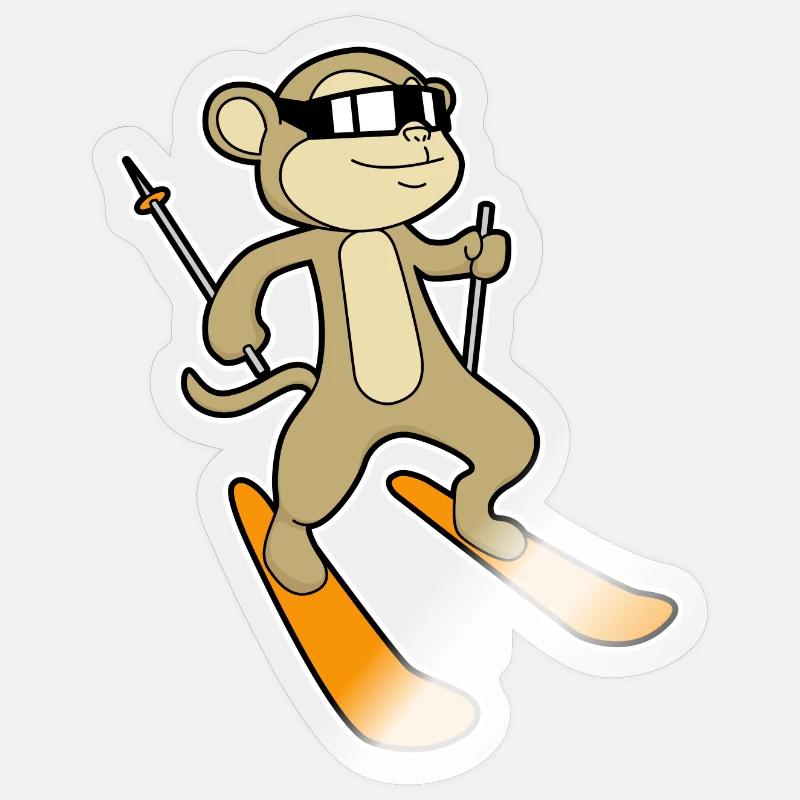 Affe als Skifahrer mit Skier - Sticker Größe S (10 x 10 cm) - Transparent glänzend