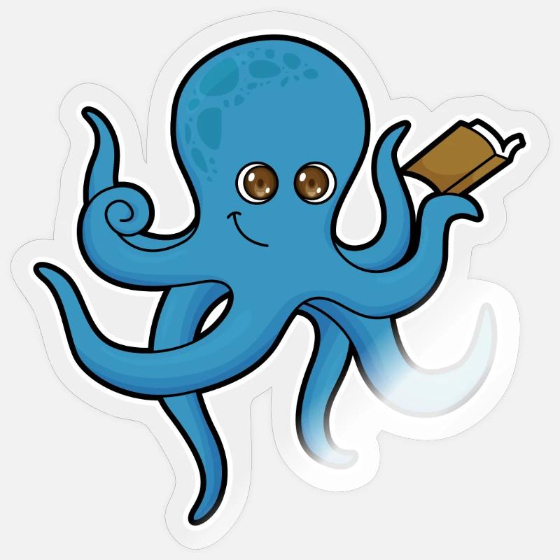 Krake mit Buch - Sticker Größe S (10 x 10 cm) - Transparent glänzend