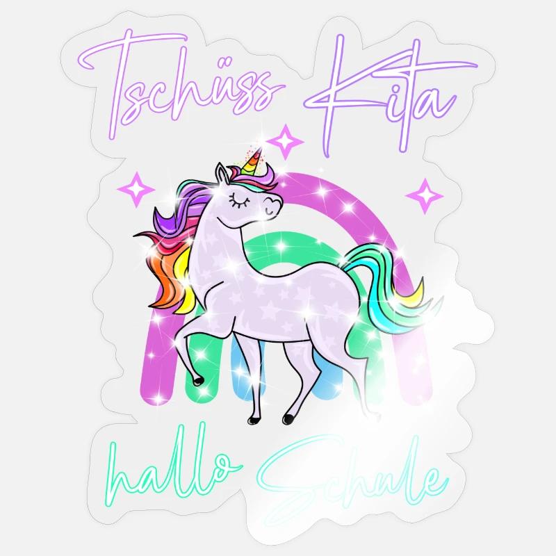 Tschüss Kita! hallo Schule Regenbogen Einhorn - Sticker Größe S (10 x 10 cm) - Transparent glänzend