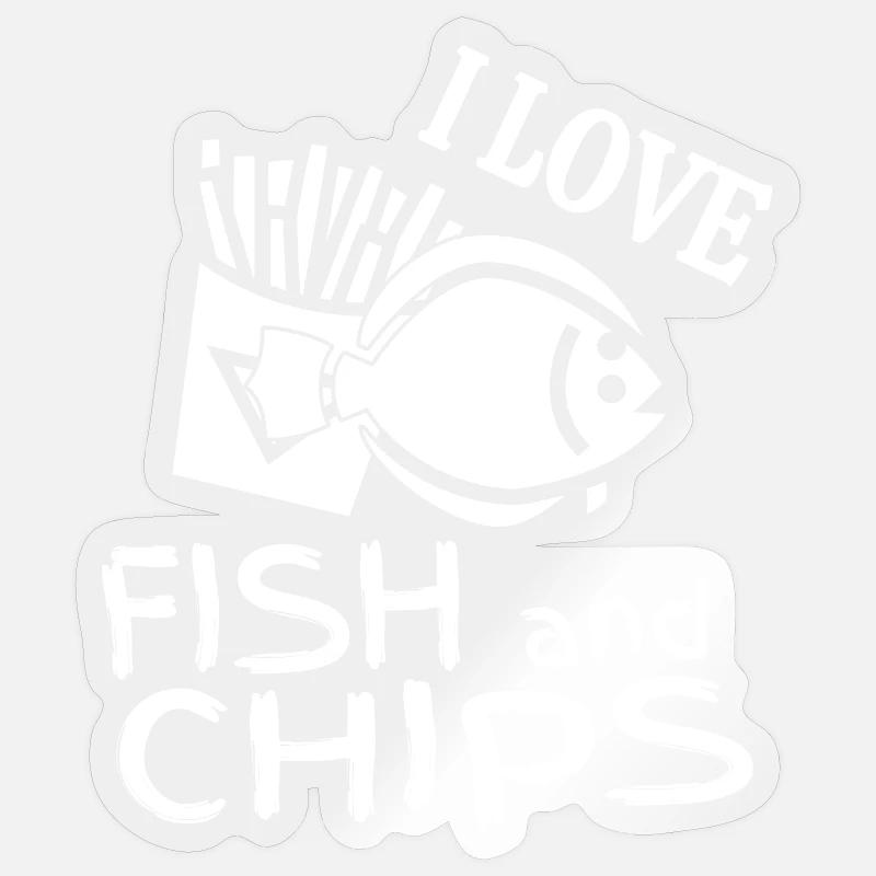 J'aime le poisson pané, les frites. Fish and chips - Sticker taille S (10 x 10 cm) - brillant transparent