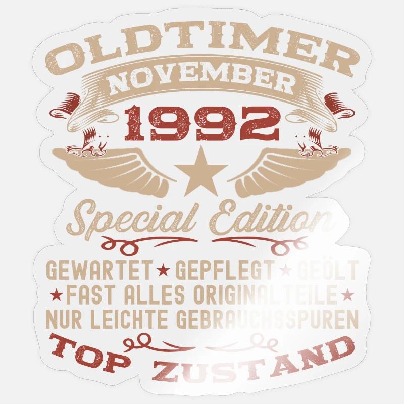 Oldtimer November 1992 30. Geburtstag Geschenk - Sticker Größe S (10 x 10 cm) - Transparent glänzend