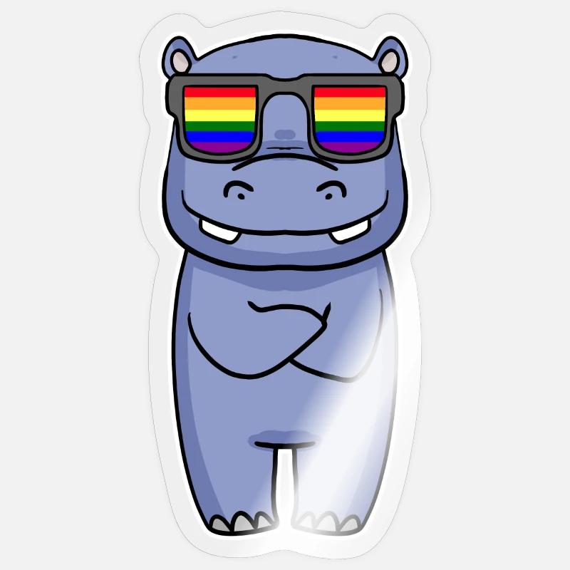 Arc-en-ciel - Hippopotame avec lunettes - Sticker taille S (10 x 10 cm) - brillant transparent