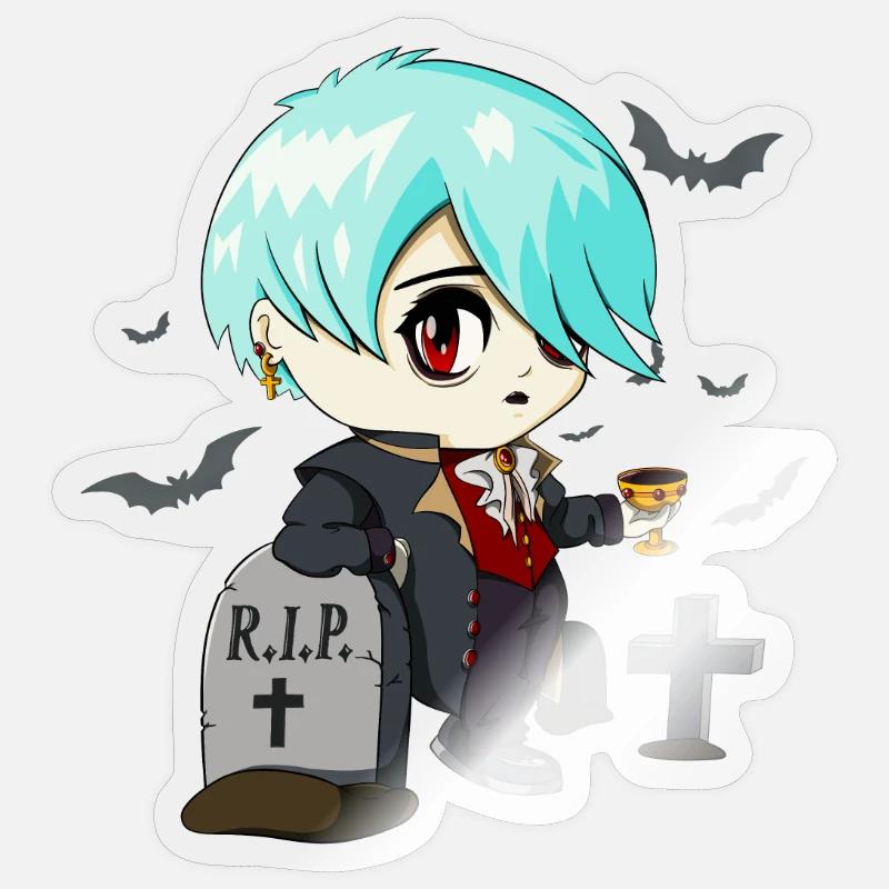 Gothique Vampire Emo Anime Goth Chibi Sur Cimetière Sticker taille S (10 x 10 cm)