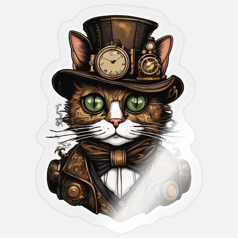 Steampunk Cat 01 - Sticker taille S (10 x 10 cm) - brillant transparent