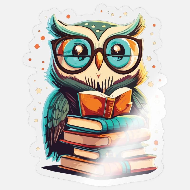 Eule auf einem Bücherstapel - Sticker Größe S (10 x 10 cm) - Transparent glänzend