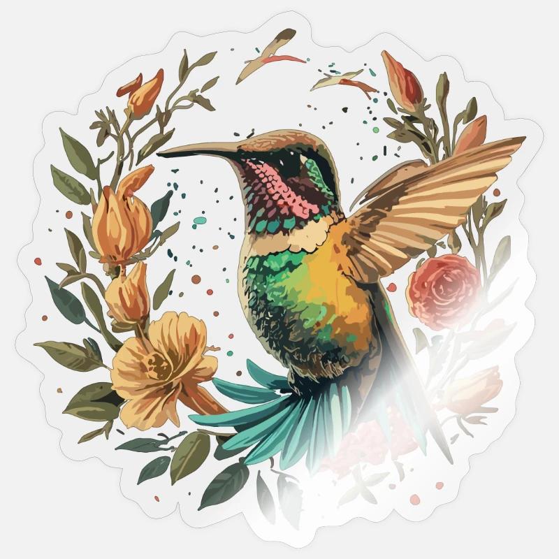 Colibri mignon en fleurs - Sticker taille S (10 x 10 cm) - brillant transparent