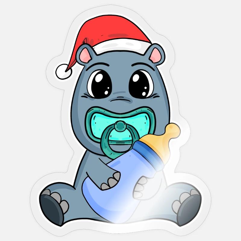 Hippopotame Bébé Noël - Sticker taille S (10 x 10 cm) - brillant transparent