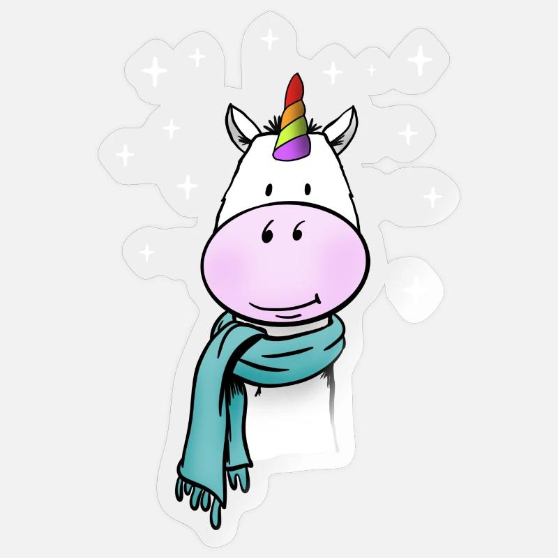 Licorne mignonne avec arc-en-ciel et écharpe d’hiver - Sticker taille S (10 x 10 cm) - brillant transparent