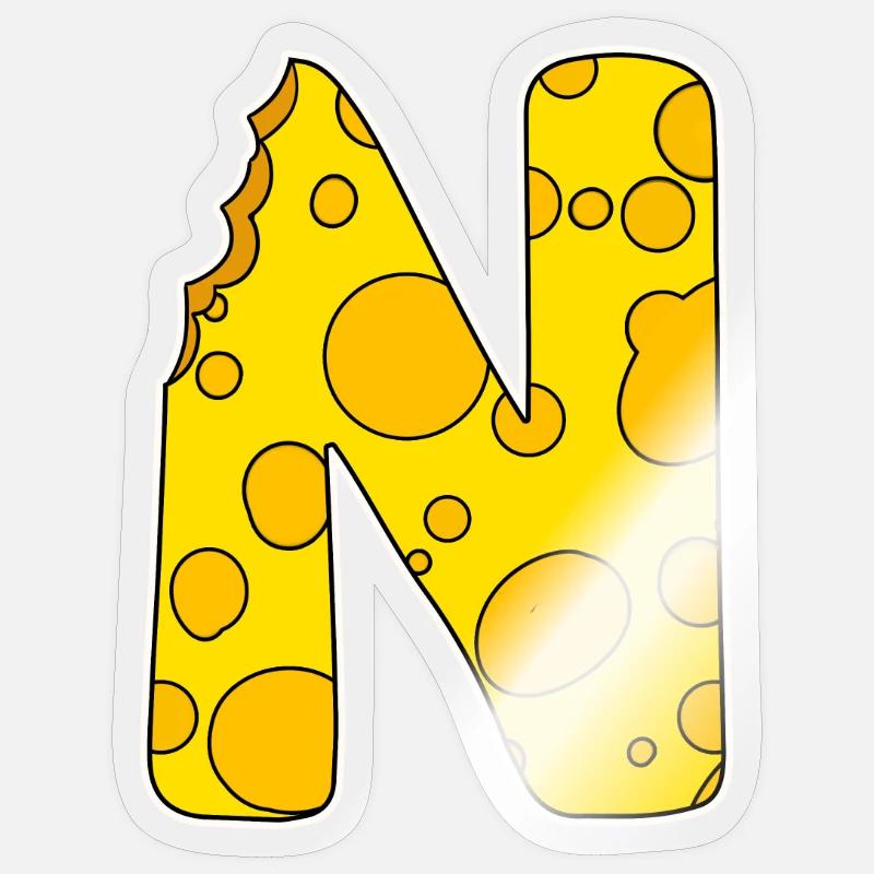 Lettre N - Lettre initiale N - Motif fromage - Sticker taille S (10 x 10 cm) - brillant transparent