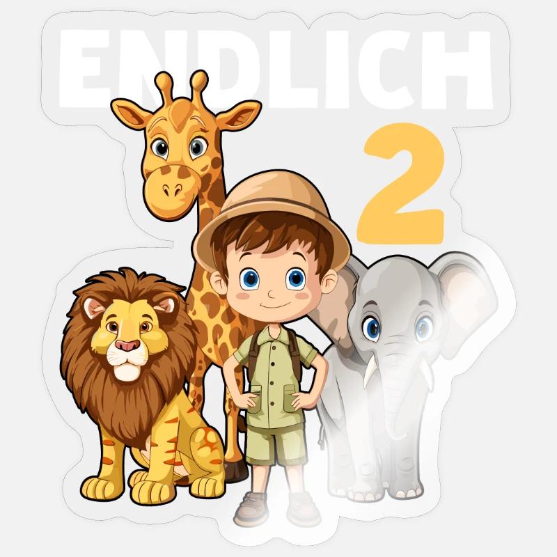2 Kindergeburtstag Giraffe Elefant Löwe Geburtstag - Sticker Größe S (10 x 10 cm) - Transparent glänzend