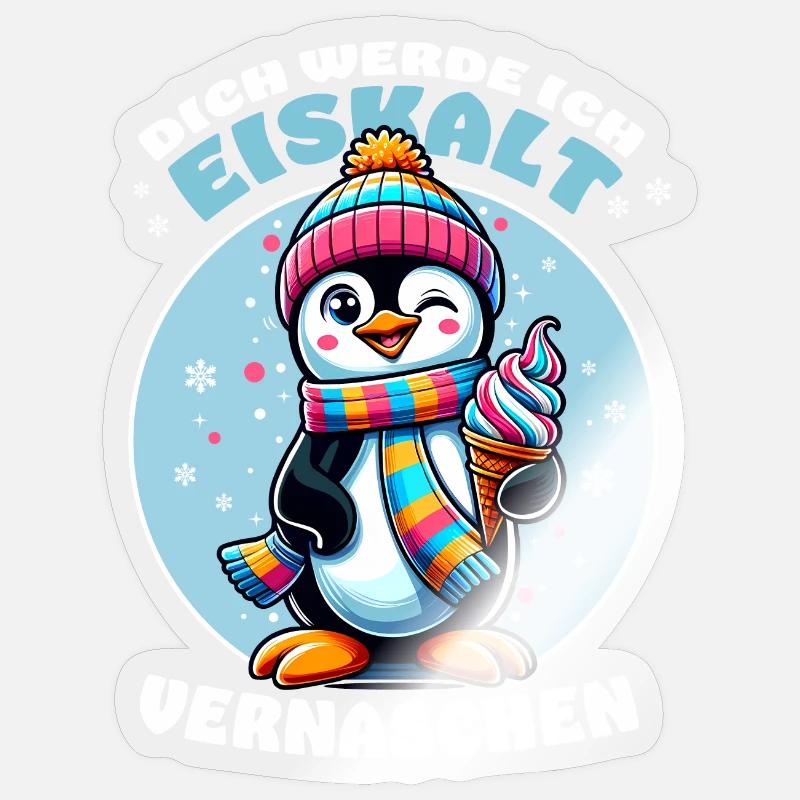 Lustiger Pinguin mit Eis – Cooler Spruch - Sticker Größe S (10 x 10 cm) - Transparent glänzend