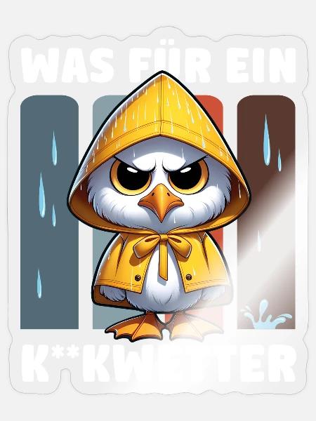 Lustige Möwe im Regencape "Was für ein Kackwetter" - Sticker Größe S (10 x 10 cm) - Transparent glänzend