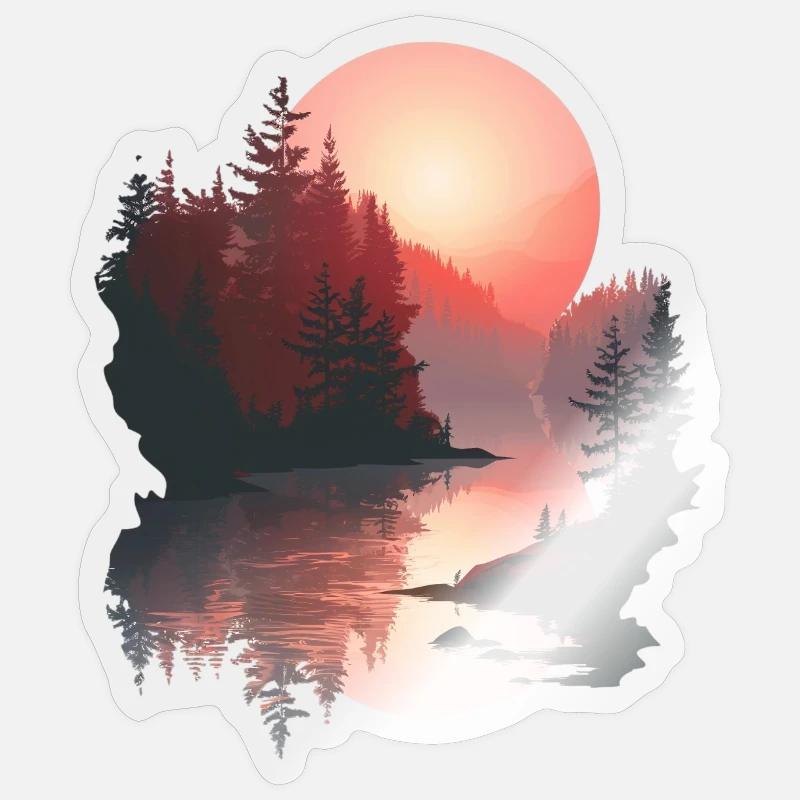 Coucher de soleil, Réflexion, Forêt, Scène - Sticker taille S (10 x 10 cm) - brillant transparent