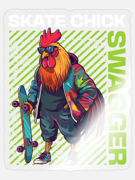 Skate Chick Swagger | Hahn mit Skateboard - Sticker Größe S (10 x 10 cm) - Transparent glänzend