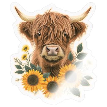 Hochlandrind mit Blumen - Sticker Größe S (10 x 10 cm) - Transparent glänzend - Vorne