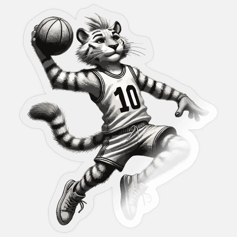 Tiger jouant au basket - Sticker taille S (10 x 10 cm) - brillant transparent