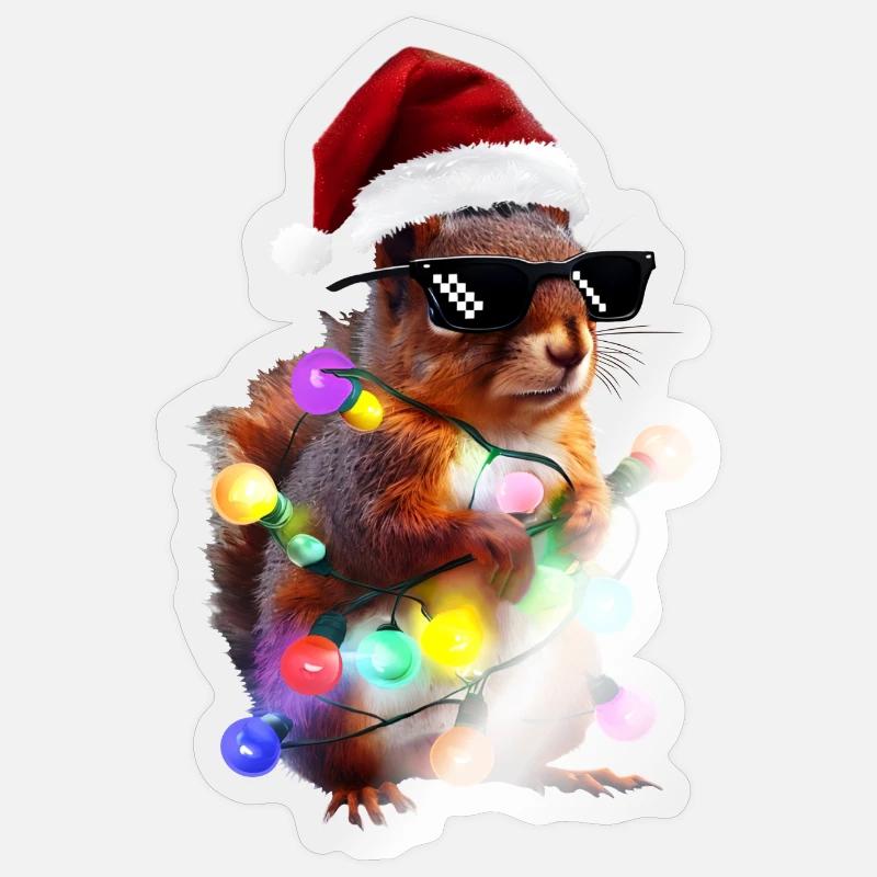 Weihnachts Eichhörnchen mit Lichterkett - Sticker Größe S (10 x 10 cm) - Transparent glänzend