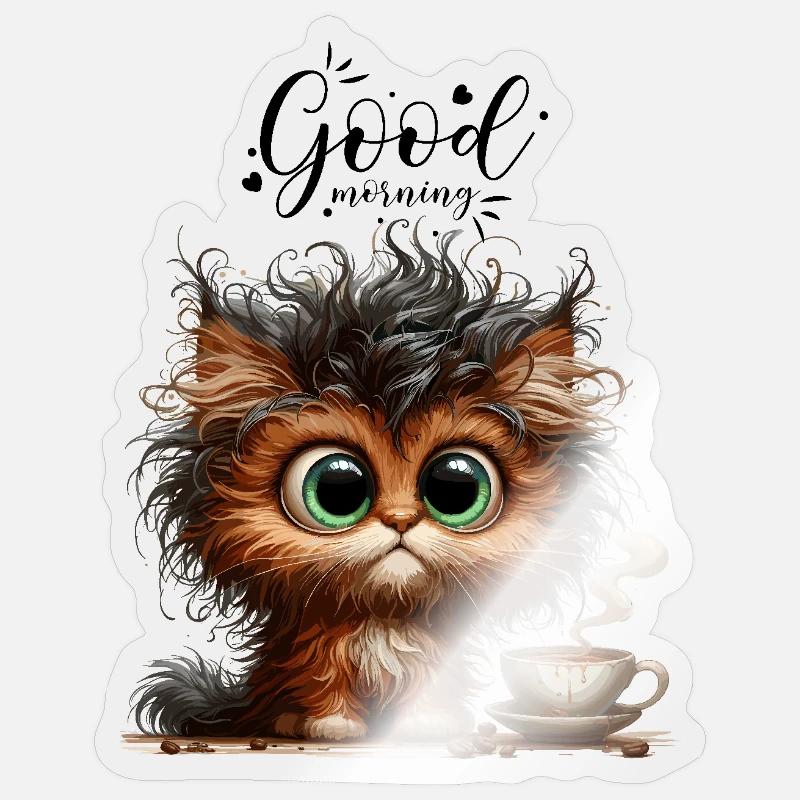 Chat Café Chaton Bureau Bonjour Collègue - Sticker taille S (10 x 10 cm) - brillant transparent