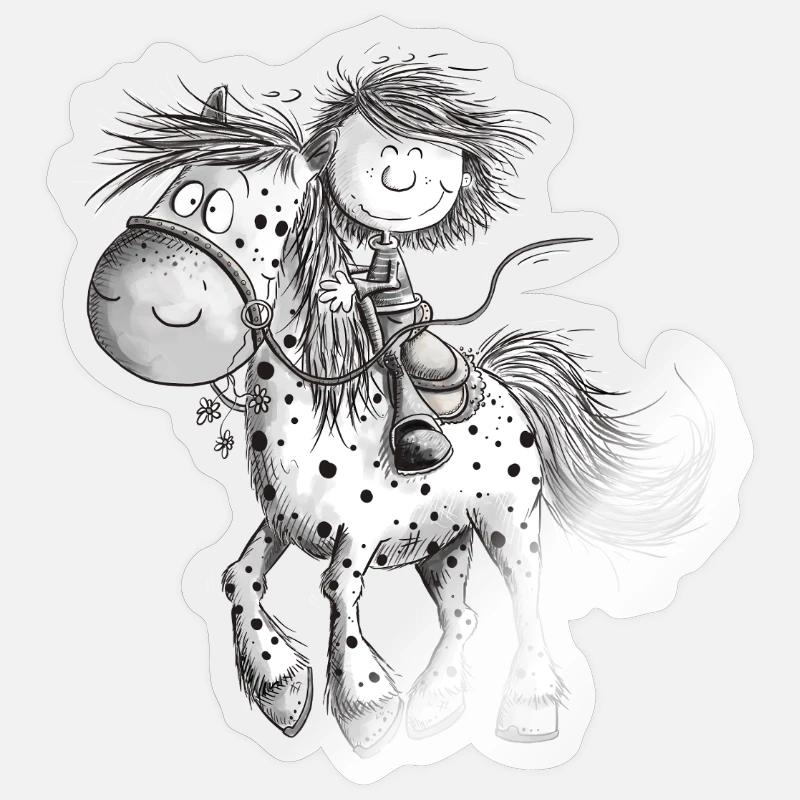 Cheval drôle avec cavalier cheval de dessin animé - Sticker taille S (10 x 10 cm) - brillant transparent