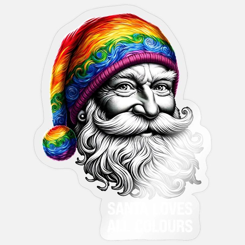 Lebendiger Weihnachtsmann mit Regenbogenhut Sticker Größe S (10 x 10 cm)