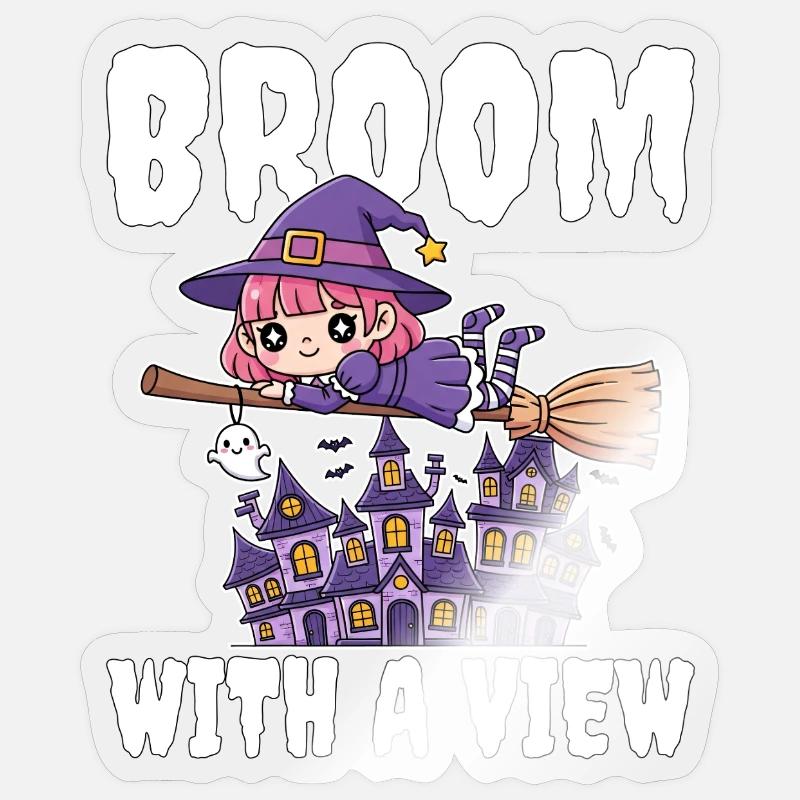 BALAI AVEC VUE - WITCH HALLOWEEN - Sticker taille S (10 x 10 cm) - brillant transparent