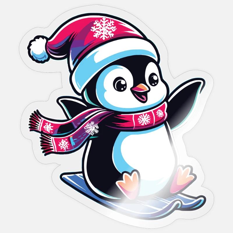 Pingouin Noël Ski Course Pingouins - Sticker taille S (10 x 10 cm) - brillant transparent
