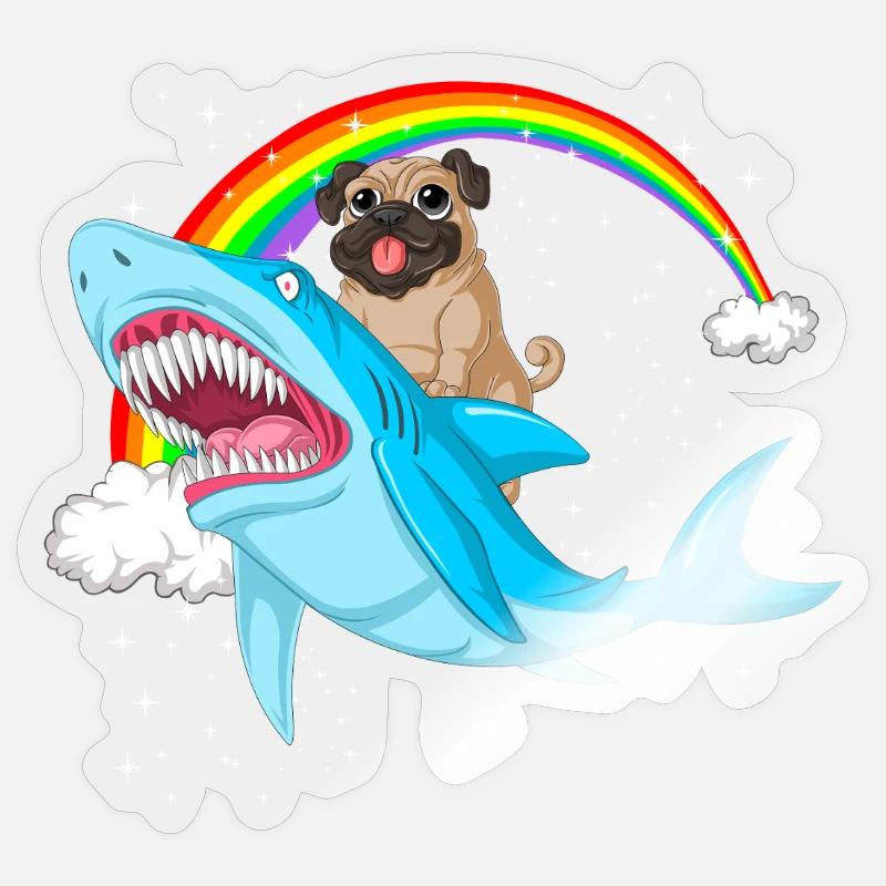 Mops reitet Hai Regenbogen - Sticker Größe S (10 x 10 cm) - Transparent glänzend