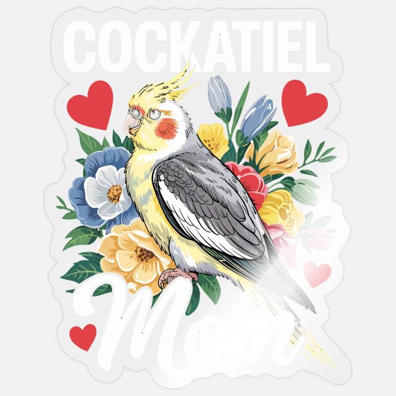 calopsitte maman oiseau fleurs coeur - Sticker taille S (10 x 10 cm) - brillant transparent