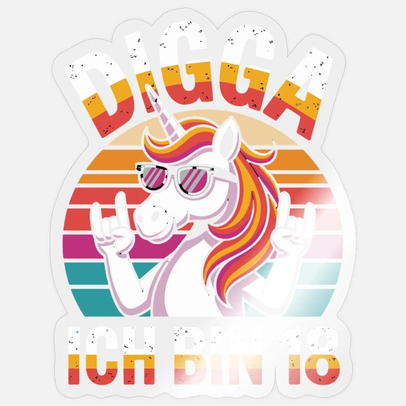  Digga Ich Bin 18 Einhorn Retro Geburtstag Spruch - Sticker Größe S (10 x 10 cm) - Transparent glänzend