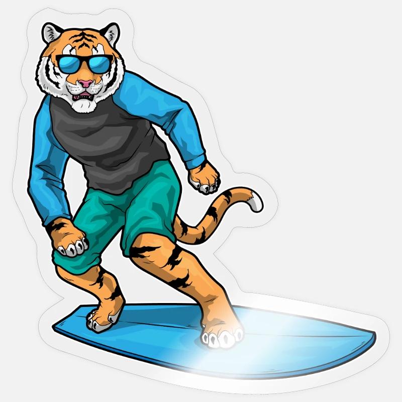 Tiger Surfing Surfboard Summer - Sticker size S (10 x 10 cm) - transparent glossy