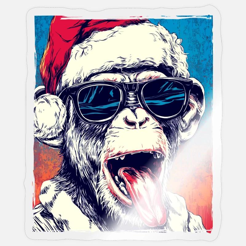 Monkey Christmas Hat - Sticker size S (10 x 10 cm) - transparent glossy