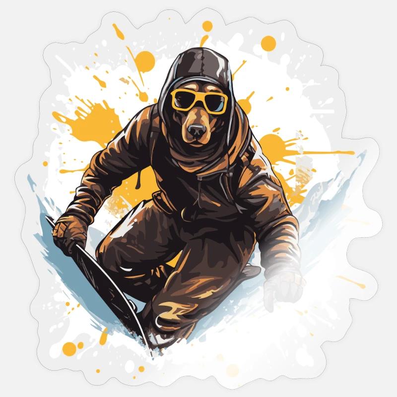 Doberman Chien Planche à neige - Sticker taille S (10 x 10 cm) - brillant transparent