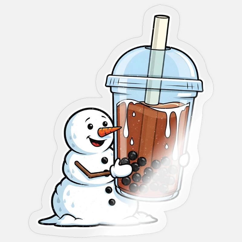 Snowman and Bubble Tea Mug - Sticker size S (10 x 10 cm) - transparent glossy