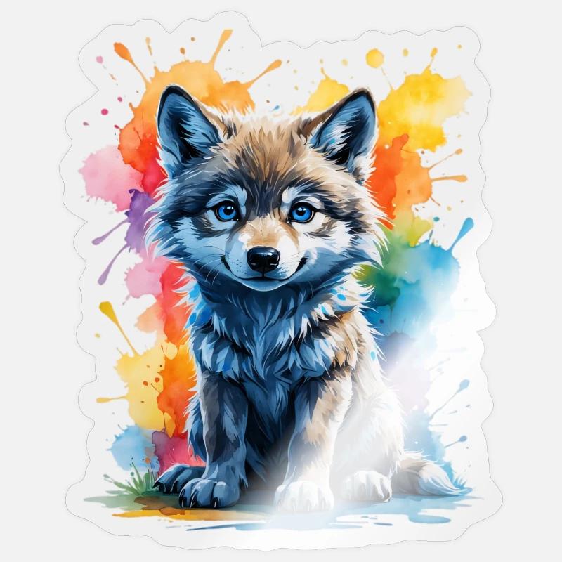 Aquarell-Wolfswelpe im Farbsplash - Sticker Größe S (10 x 10 cm) - Transparent glänzend