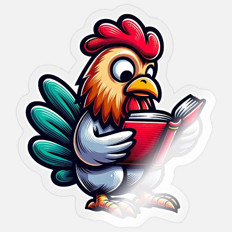 Lesender Hahn im Comicstil Sticker Größe S (10 x 10 cm)