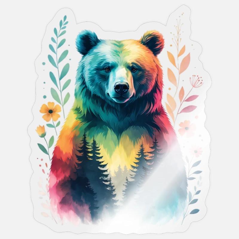 Regenbogenbär im Wald - Sticker Größe S (10 x 10 cm) - Transparent glänzend