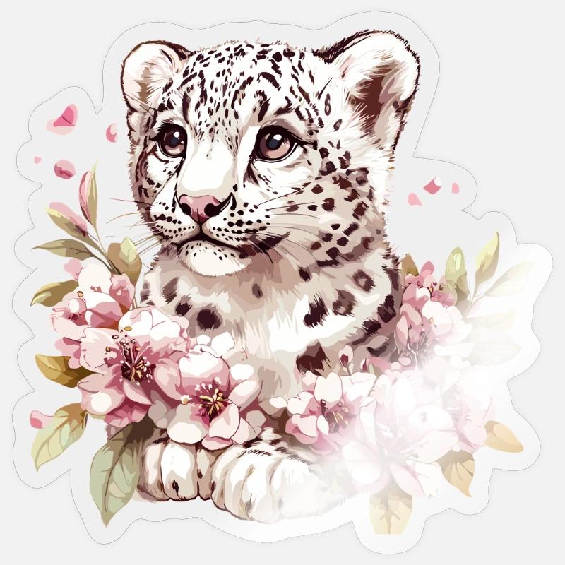 Leopard Junges mit Blütenkranz - Sticker Größe S (10 x 10 cm) - Transparent glänzend
