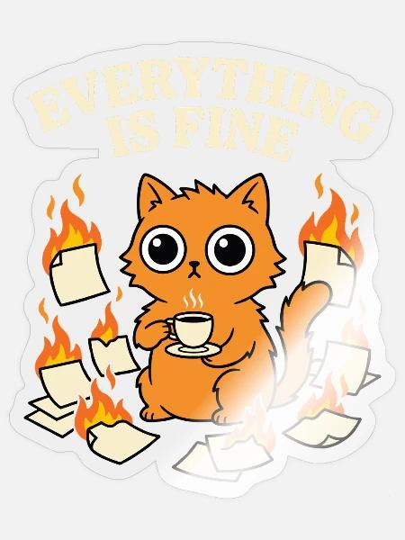 Everything Is Fine Kaffee Katze Chaos Lustig - Sticker Größe S (10 x 10 cm) - Transparent glänzend
