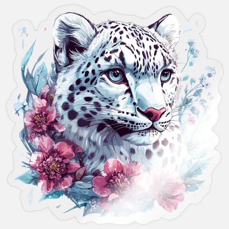 Leopardengesicht mit Blumenkranz - Sticker Größe S (10 x 10 cm) - Transparent glänzend