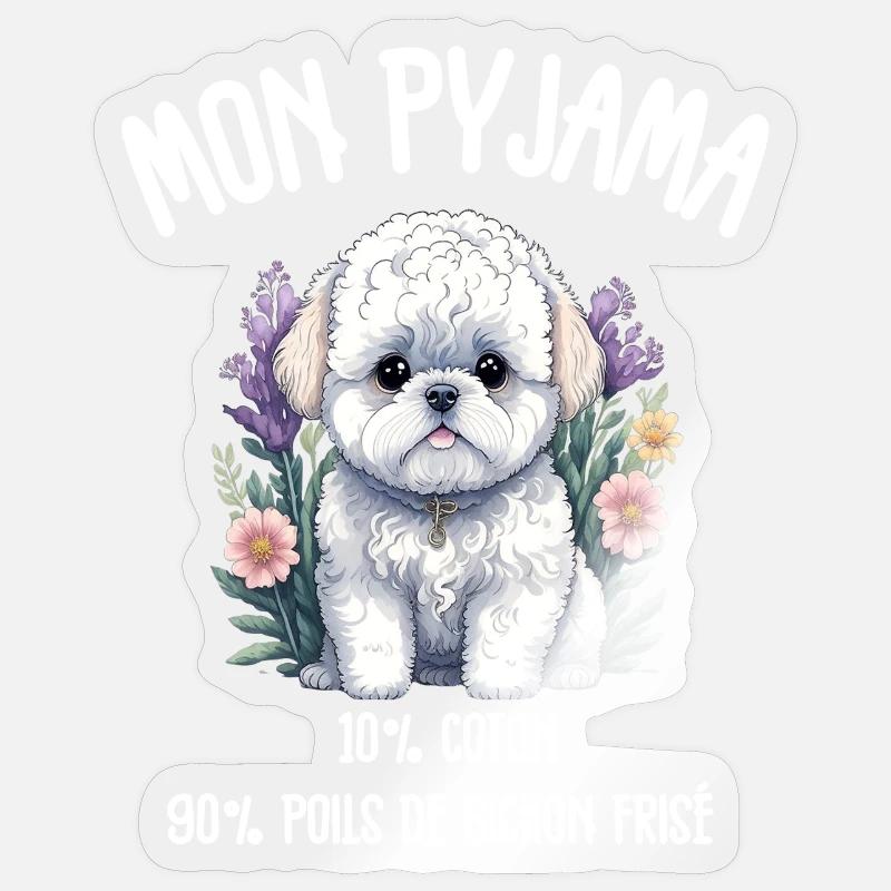 Pyjama Drôle Chien Bichon - Sticker taille S (10 x 10 cm) - brillant transparent