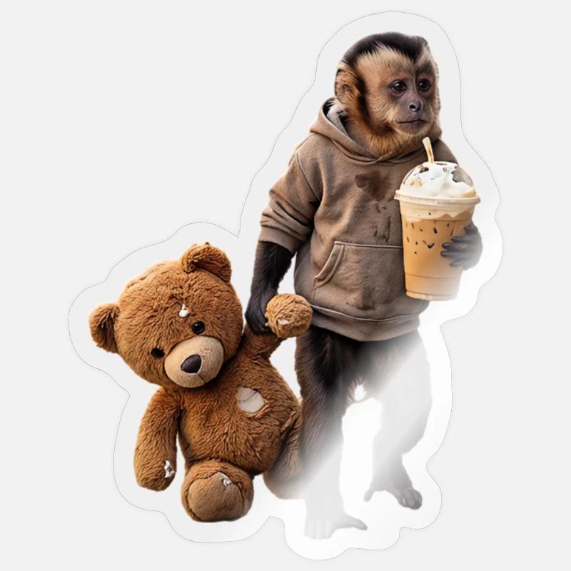 Affe Teddybär Eiskaffee Motiv - Sticker Größe S (10 x 10 cm) - Transparent glänzend