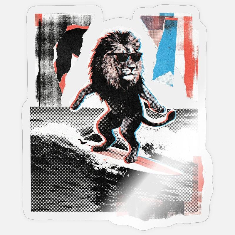Surfer Löwe - Sticker Größe S (10 x 10 cm) - Transparent glänzend