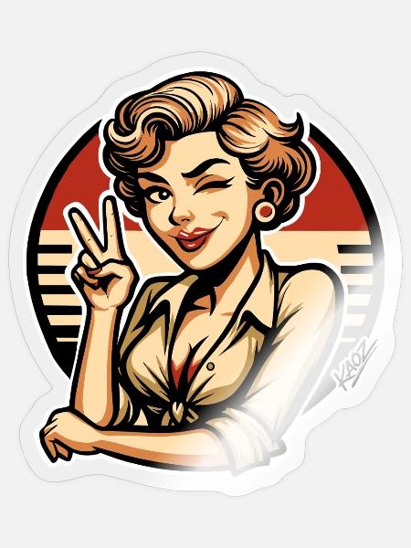 Retro-Pinup zwinkernde Peace-Zeichen-Kunst - Sticker Größe S (10 x 10 cm) - Transparent glänzend