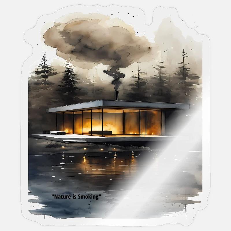 Cabane moderne éclairée par le feu sur le lac Sticker taille S (10 x 10 cm)