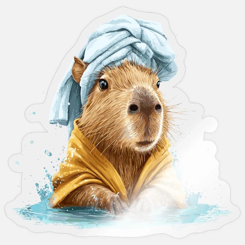 Kapybara in a bath towel and bathrobe Sticker size S (10 x 10 cm)
