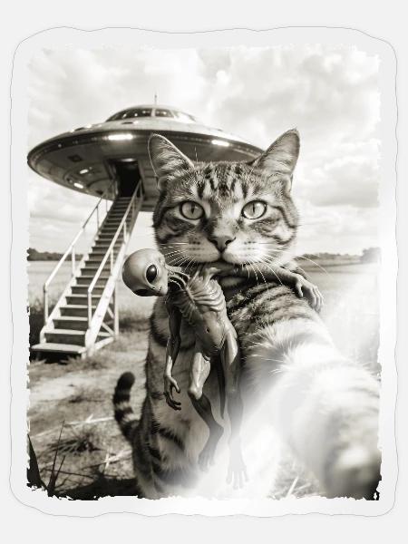 Lustige Katze Selfie mit Alien und UFO - Sticker Größe S (10 x 10 cm) - Transparent glänzend